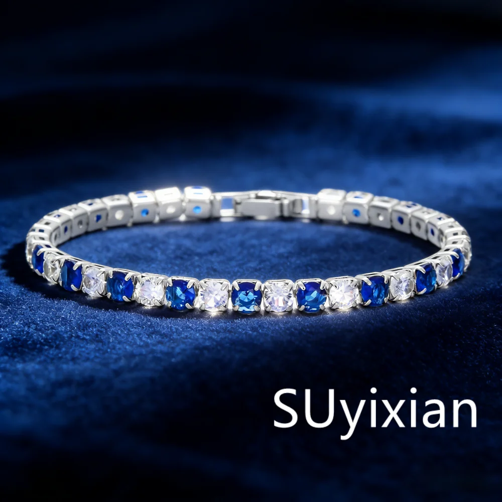 

Женский теннисный браслет из стерлингового серебра 925 пробы с синими и белыми цирконами, элегантное свадебное украшение, идеально подходит для вечеринок