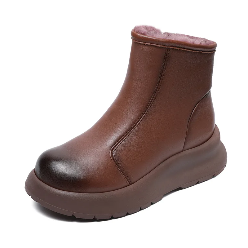 

5cm Cow Genuine Leather Spring Chimney Autumn Winter Plush Warm Boots Women Ladies Fashion Ankle Booties Moccasins Shoes