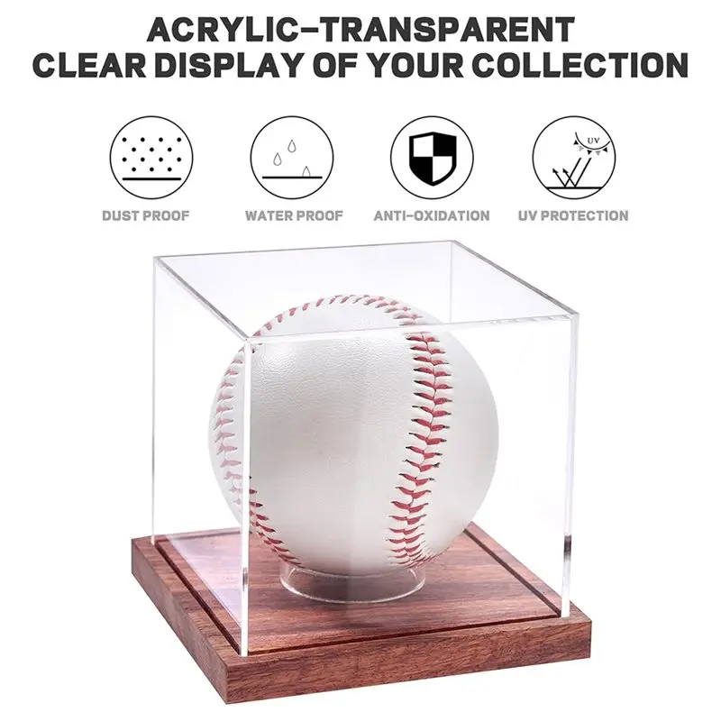 ABLJ No Assembly Clear Acrylic Cube Holder With Solid Wood Base For Baseball For Autograph Ball Display Case