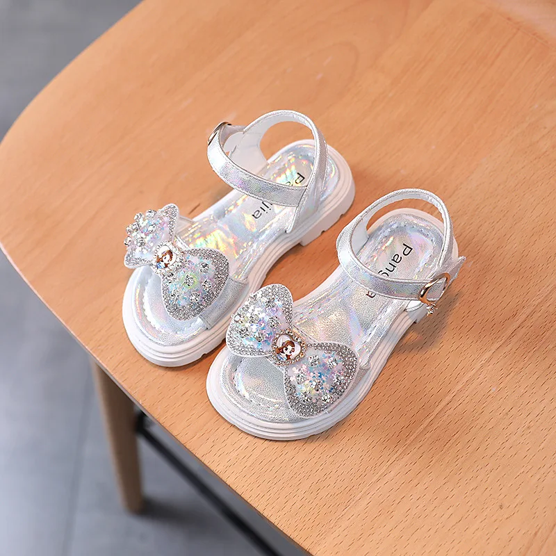 Children Sequins Sandals for Girls Sweet Bow Rhinestone Cartoon Princess Shoes Fashion Non-slip Flat Kids Soft Bottom Sandals