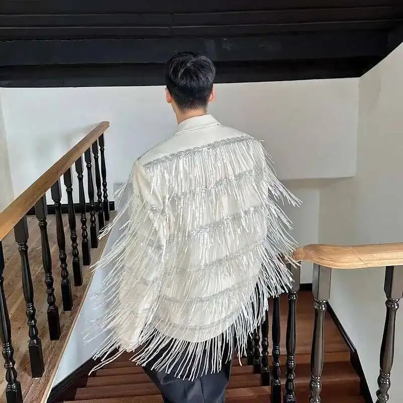 Autumn Winter Personalized Tassel Sequin Double-layer Mesh Design Lapel Casual Suit Trendy Solid Color Male Blazer ZD35