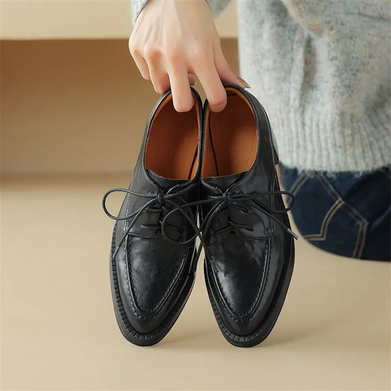 New Spring Pleated Cowhide Loafers Woman Shoes Chunky Heels Pointed Toe High Heels Shoes for Women Lace Women Pumps Zaptos Mujer