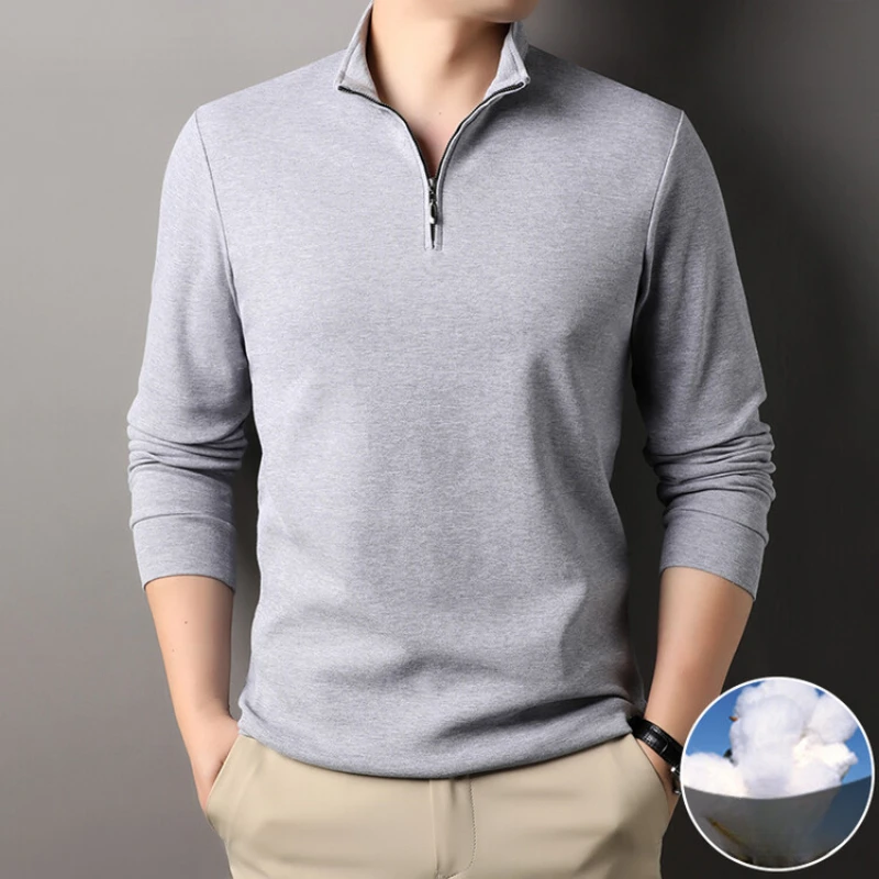 Durable 100% Cotton Long-Sleeved Polo Shirt, Men's Zipped Stand Collar Casual T-shirt, Non-Lapel High Collar Pullover, 13 Colors