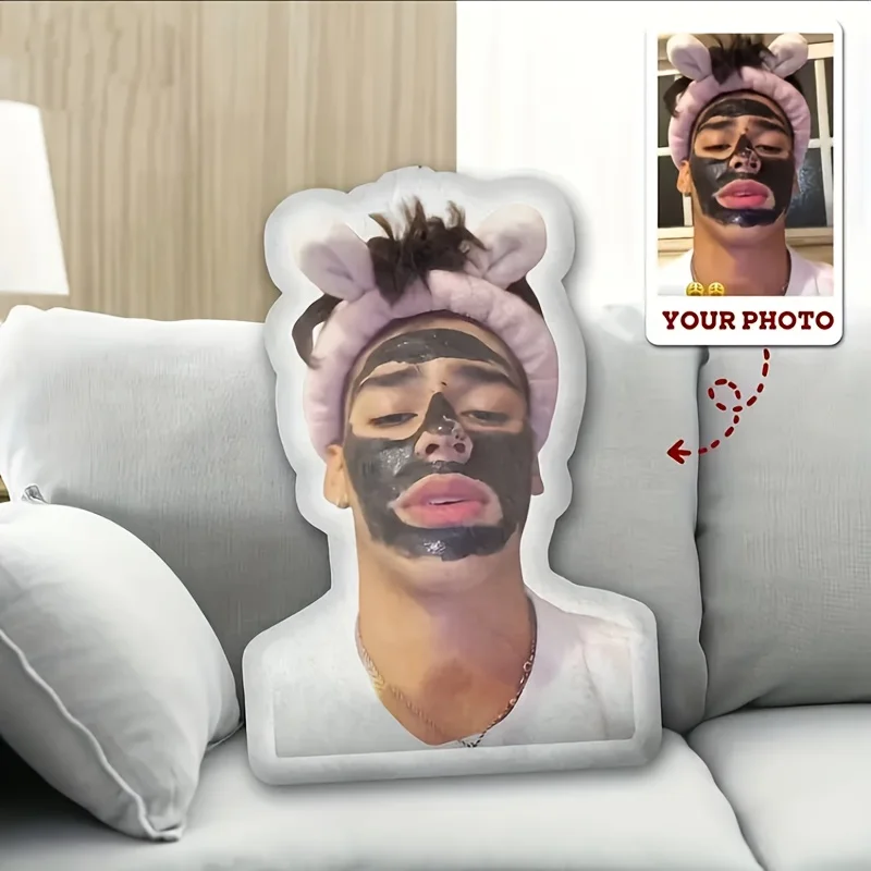 Oreiller en peluche avec photo personnalisée - FaceBodyNameTextLogo personnalisé - Chargez votre propre image - Coussin en tissu doux pour lit, canapé, voiture