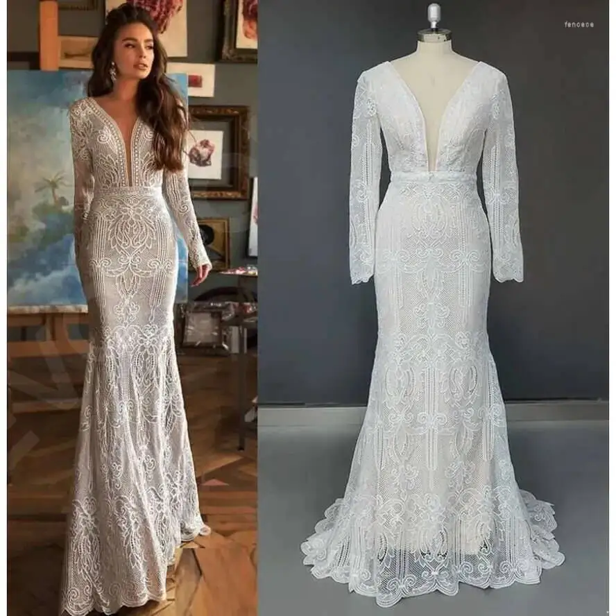 

Dress Wedding V Neck Sexy Long Sleeve Mermaid Sweep Train Lace Elegant Bohemian Boho Open Back Bridal Gown