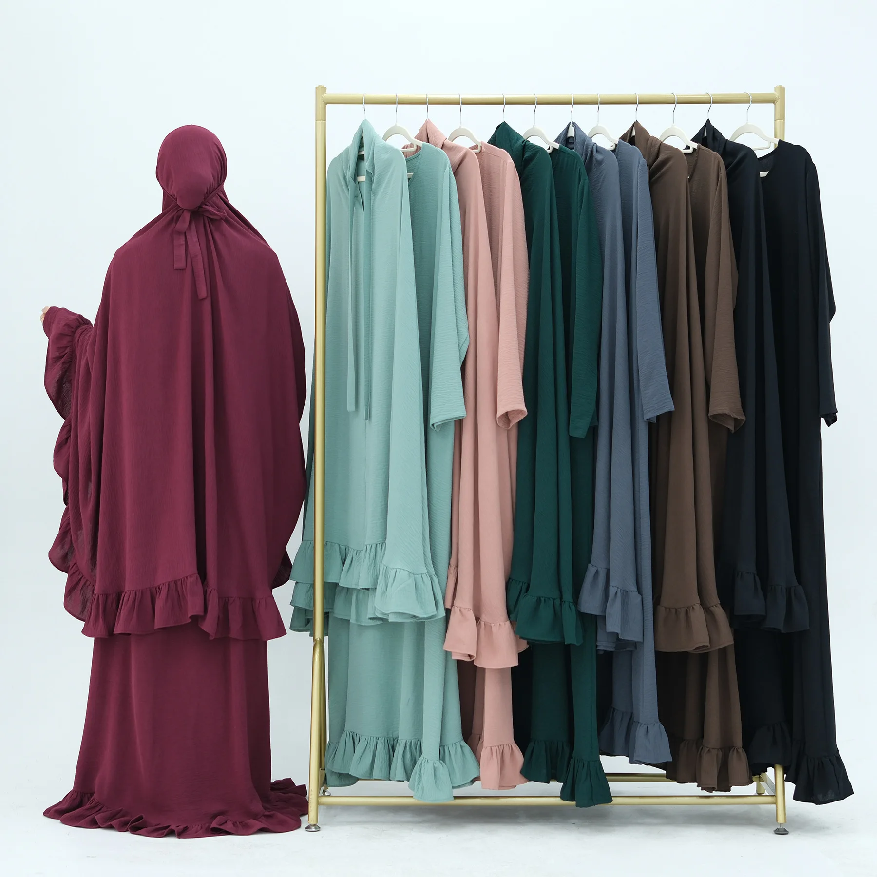 

Eid Women Dress with Khimar 2 Piece Set Prayer Garment Muslim Ruffle Hem Party Dress Abaya Caftan Robe Jalabiya Ramadan Dubai