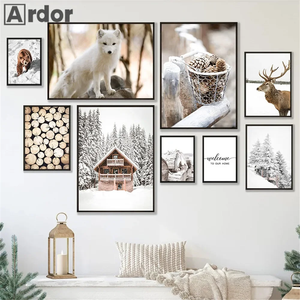 Winter Snow Pine Wood House Canvas Print Forest Animal Fox Bear Deer Wall Art Poster Painting Modern Picture Living Room Decor