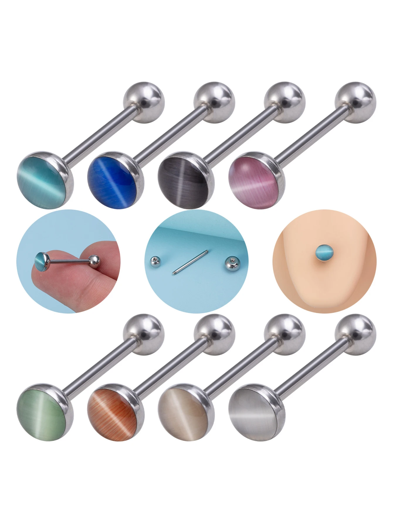 1pc Cat\'s Eye Stone Style Tongue Stud for Women Men Stainless Steel Acrylic Tongue Barbell Fashion Popular Tongue Piercing Ring