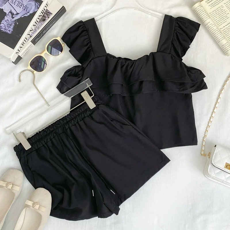 Design inspired square neck ruffle fly sleeves short vest and drawstring high waisted wide leg shorts two-piece set for women
