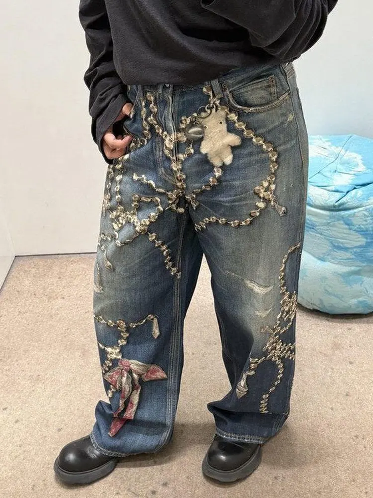 

plus Size Heavy Duty Digital Print 3D Wide Leg Jeans Women's Loose High Street Spring New Fashion Long Pants Korean Style