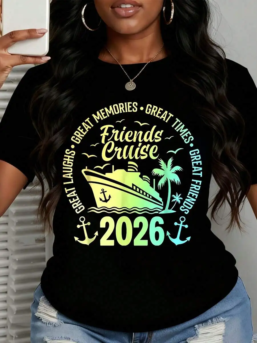 

Women Plus Size Short Sleeve T-Shirt With Ship Palm Tree Anchor Print Vacation Party