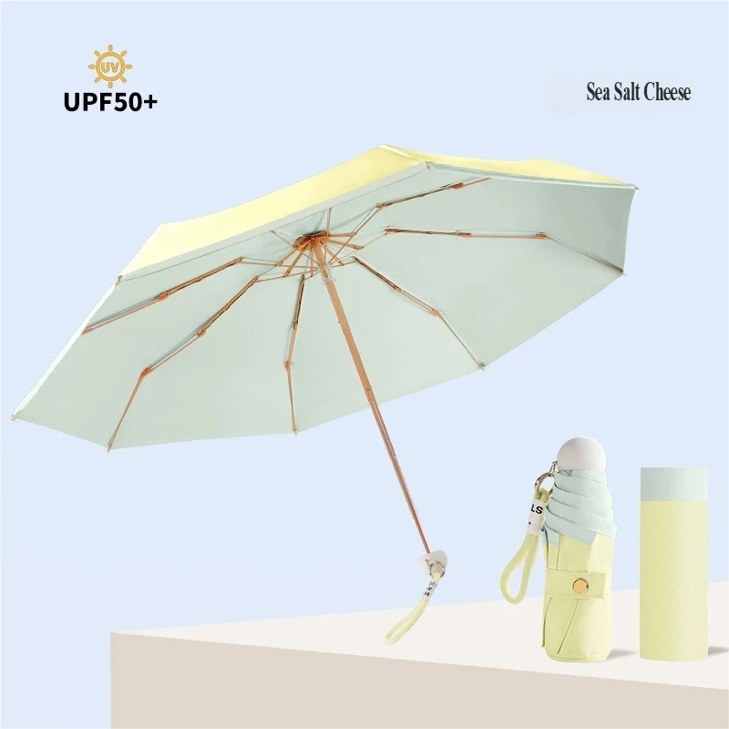 Five-Section Folding Umbrella, UPF50+ UV Protection Ultra Light Colorful Rubber Handle Trendy Style Sun Rain Umbrella for Women