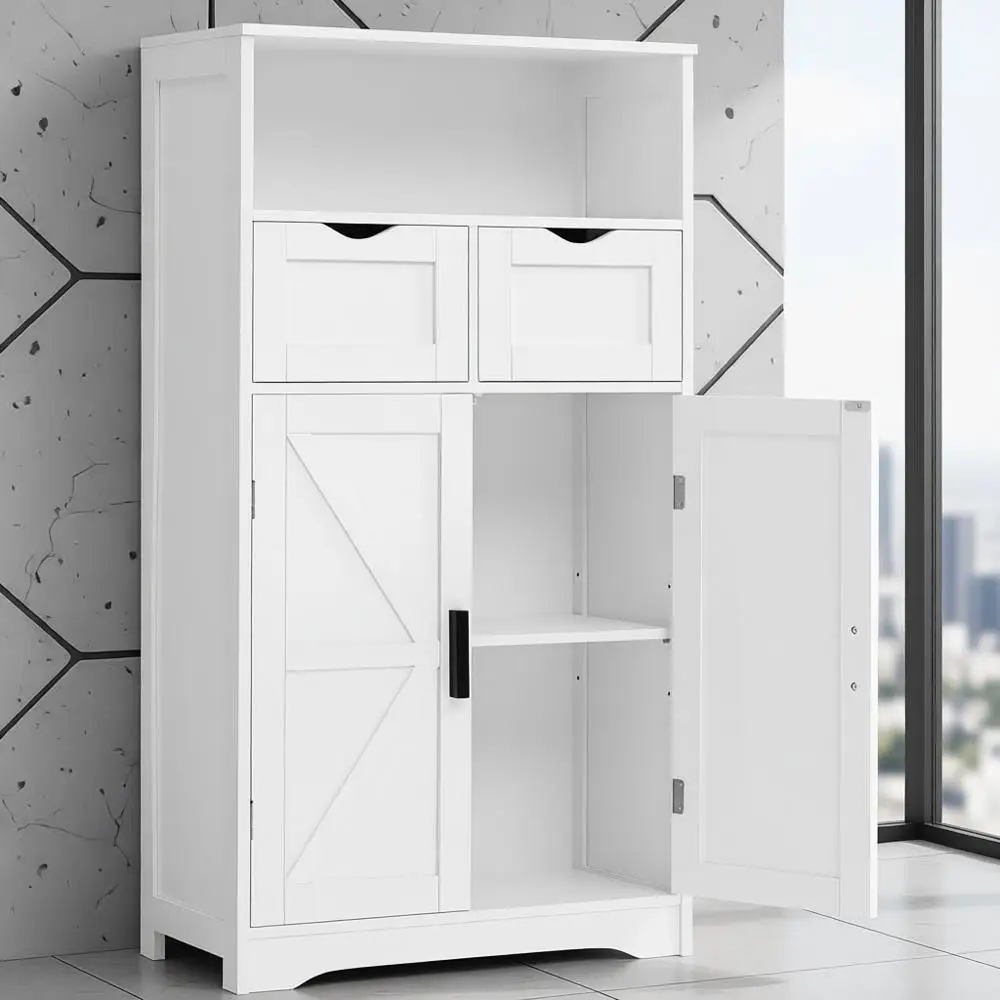 

Adjustable Shelf Bathroom Cabinet with 2 Doors & Drawers, White Storage for Living Room, Hallway