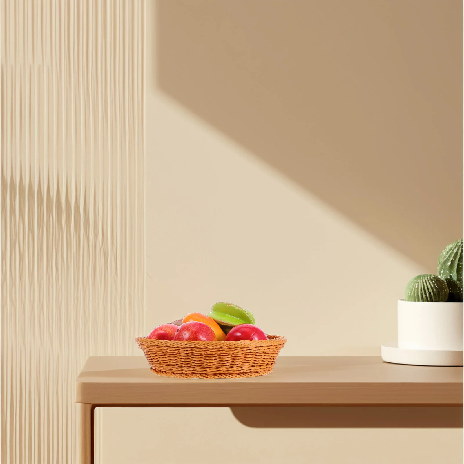 

Round Wicker Fruit Basket 30cm Brown Imitation Rattan Home Kitchen Storage Elegant Design Durable Multifunctional