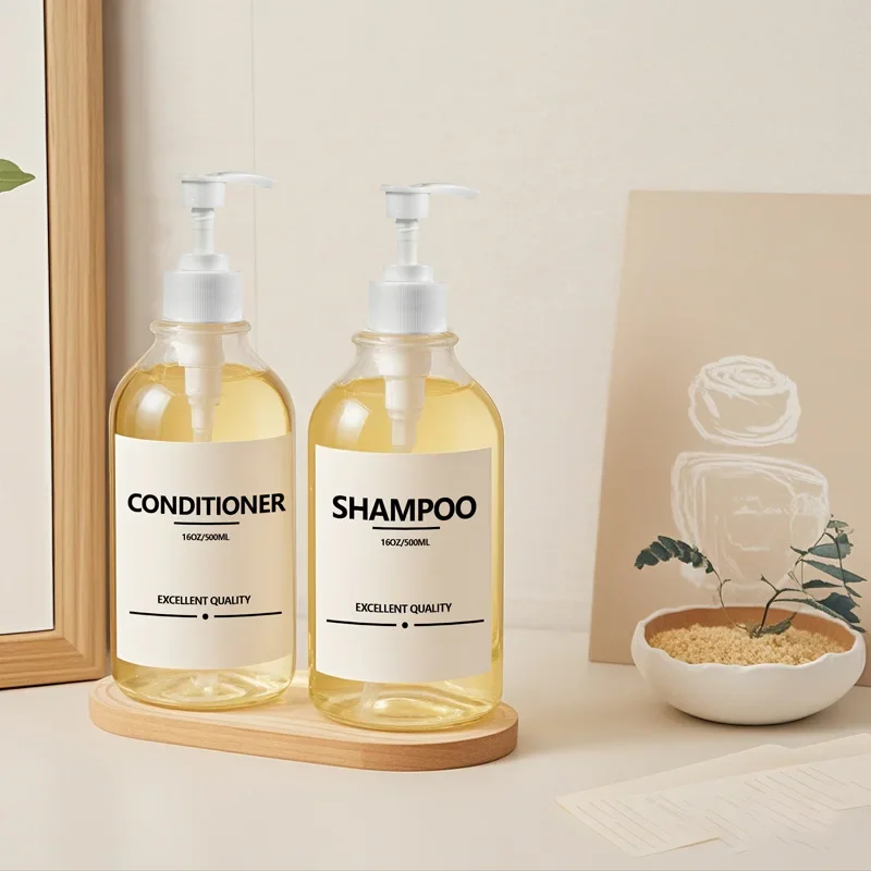 Portable Soap Dispenser 500ml Set Bamboo/Silicone Tray With Labels Empty Bottle Shampoo Conditioner Bodywash Bottle Despenser