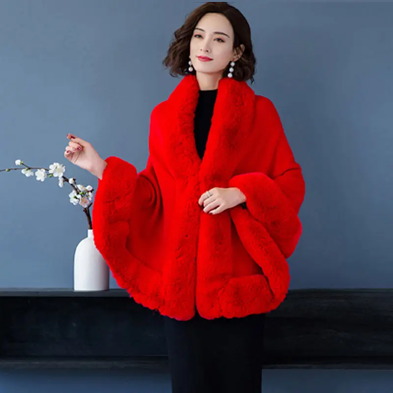 

Vintage Large Size Imitation Otter Rabbit Fur Follar Shawl Cape Women's Cheongsam Cloak Coat Temperament Knitting Cardigan T1168