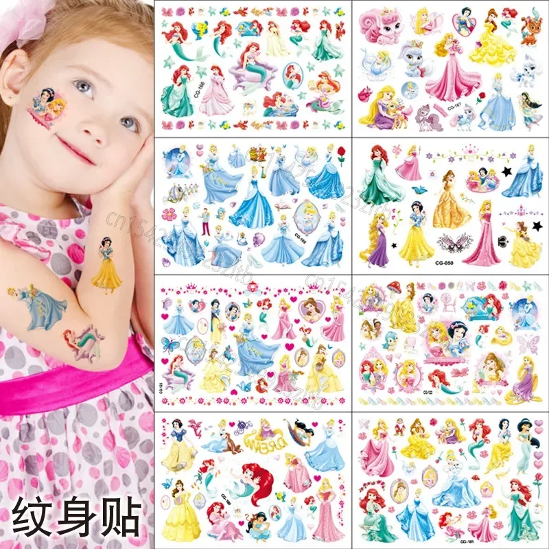 Disney Cartoon Princess Series Tattoo Sticker Snow White Cinderella Bell Sleeping Beauty Mermaid Decals Kid Party Toy Xmas Gift