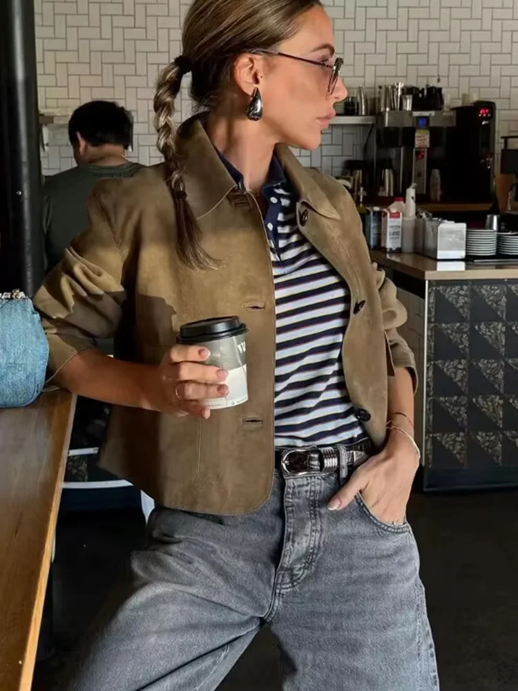 

HH женские осенние новые модные винтажные замшевые пальто с карманами женские шикарные однобортные однобортные двухцветные повседневные куртки с лацканами