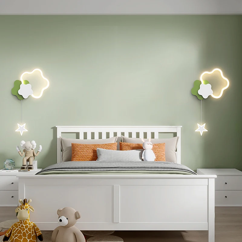 Applique murale LED de style vert, série de dessins animés, lampe de chevet pour chambre d'enfant, étoiles et lune modernes, luminaires d'intérieur, nouveau, 2023