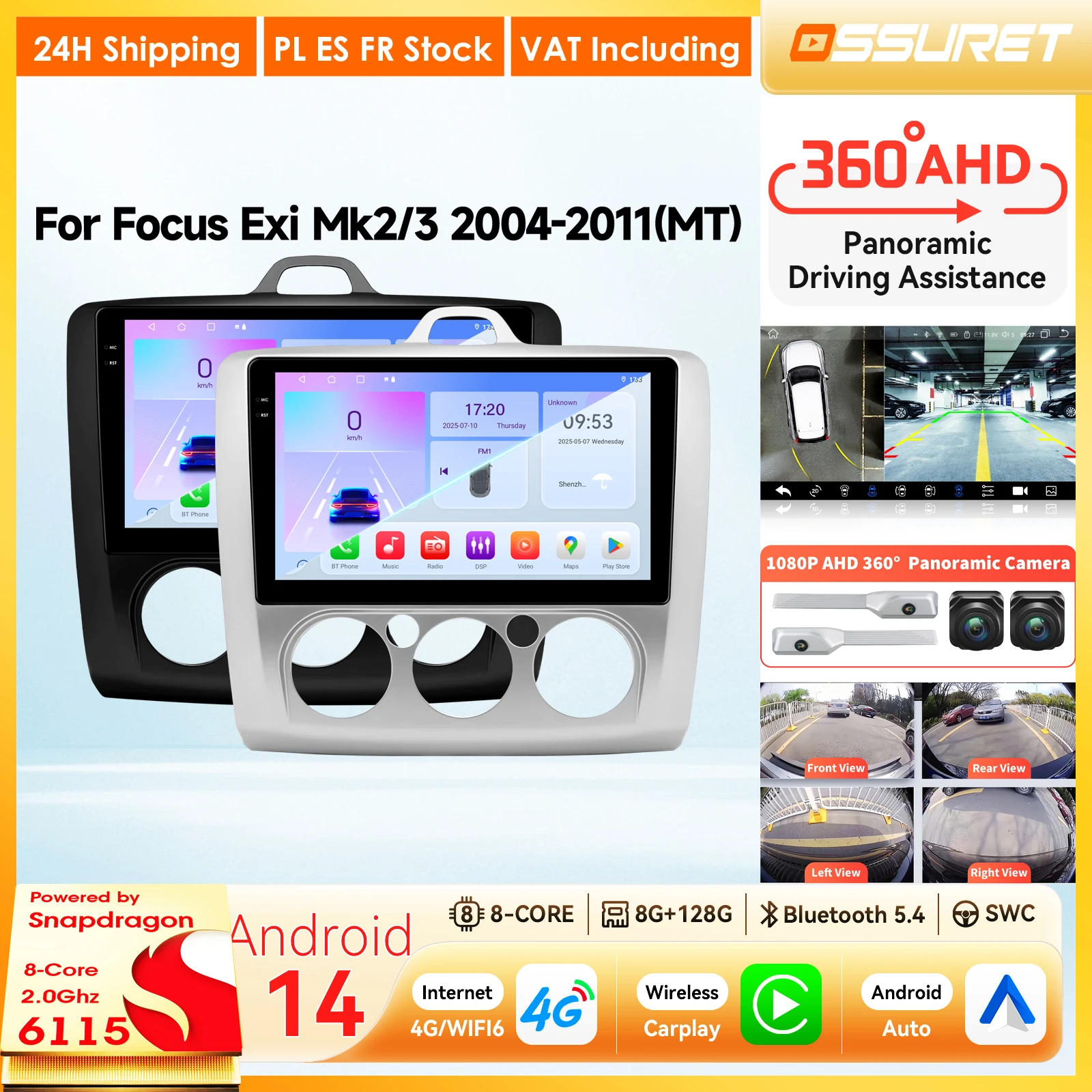 Autoradio Carplay Android Auto 6115 pour Ford Focus Mk2 MK3 2004 - 2011, lecteur vidéo multimédia, GPS 360 Cam, systèmes intelligents avec ventilateur, Bluetooth, DSP, RDS, Wifi 4G