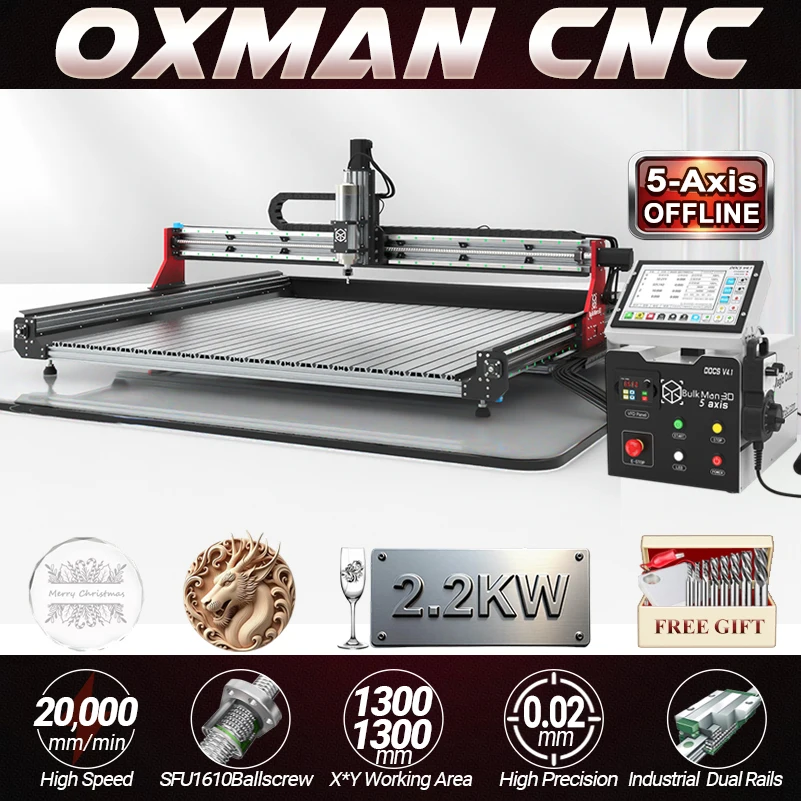 

BulkMan3D OXMAN CNC Engraver Industrial 5-Axis DDCSV4.1 Offline Control, SFU1610 Ball Screws, Dual Linear Rails, 2.2KW Spindle
