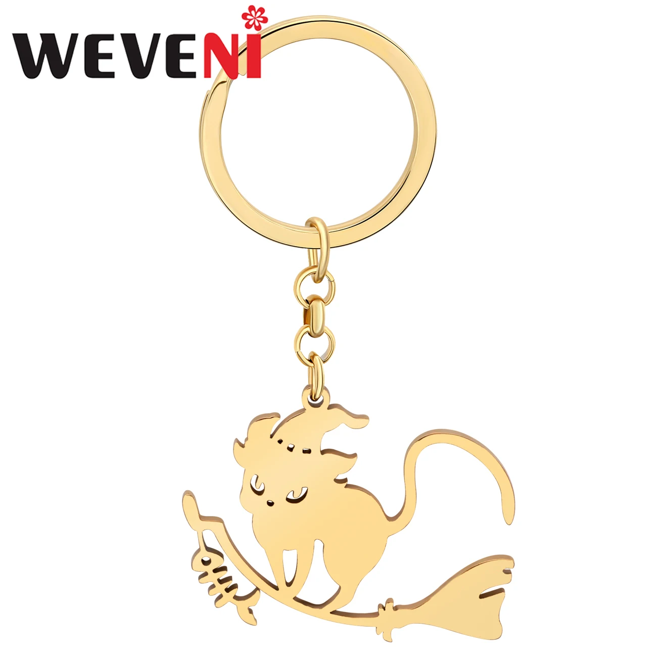 WEVENI Stainless Steel Cat Broomstick Fishbone Keychains Halloween Charm Jewelry Key Chain Backpack Car Gifs For Women Girls