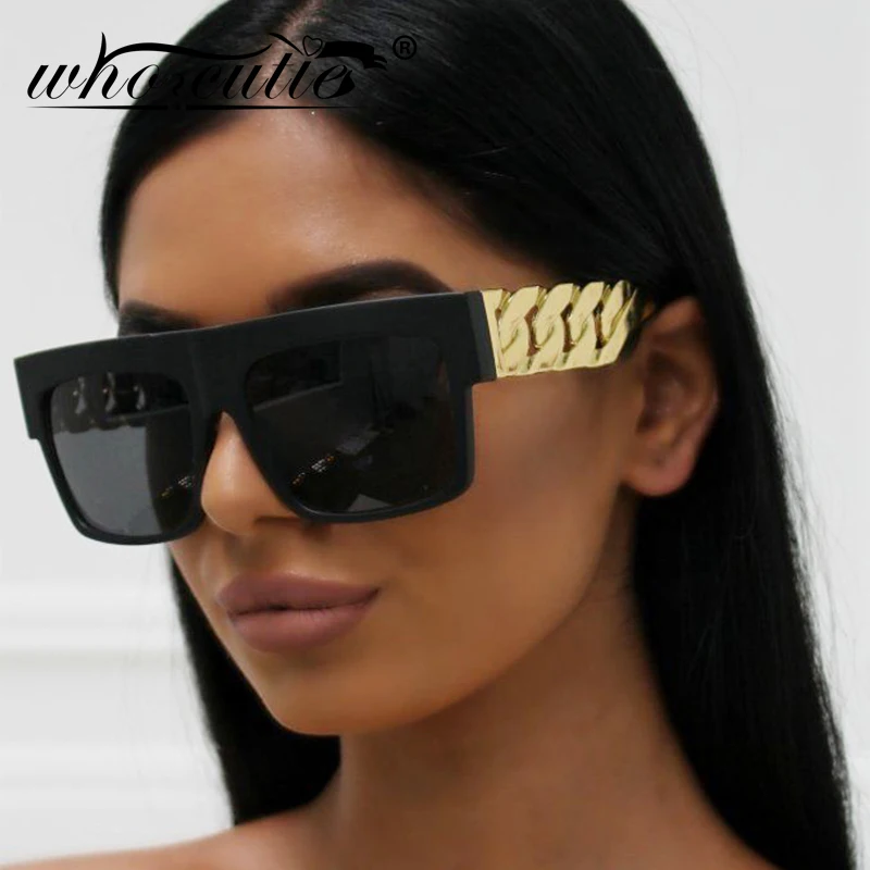 2025 Oversized Hip Hop Sunglasses Men Women Brand Design Flat Top Retro Square Black Sun Glasses Gold Plastic Chain Frame OM725