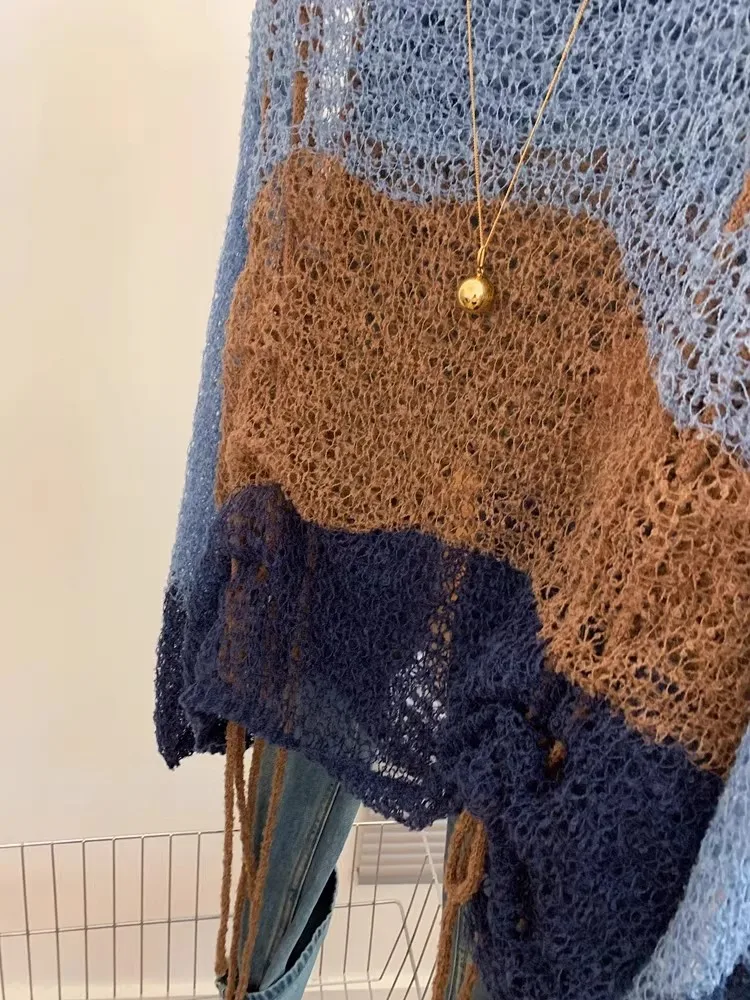 Slimming Lace-Up round Ne Knitwear Casual Hollow out Thin Long Sve Women's Autumn Sle Comfortable Breathable Top irt