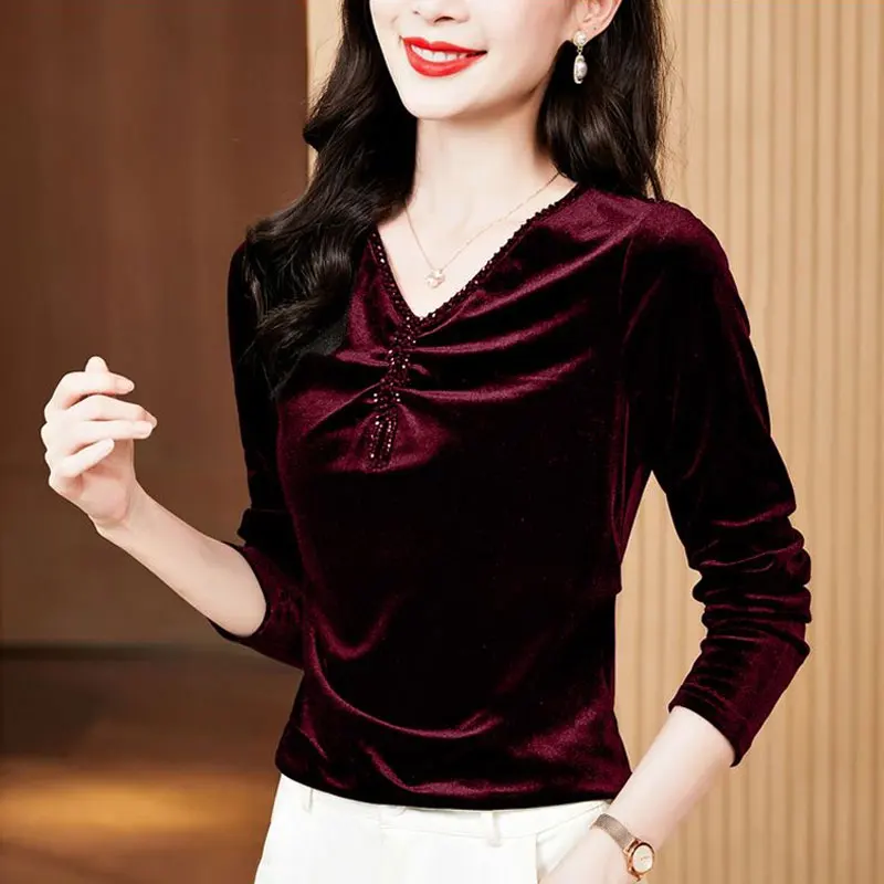 Vintage Elegant V-Neck Velvet Shirt Spring Autumn Stylish Beading Tassel Casual Folds Female Clothing Commute Basic Slim Blouse