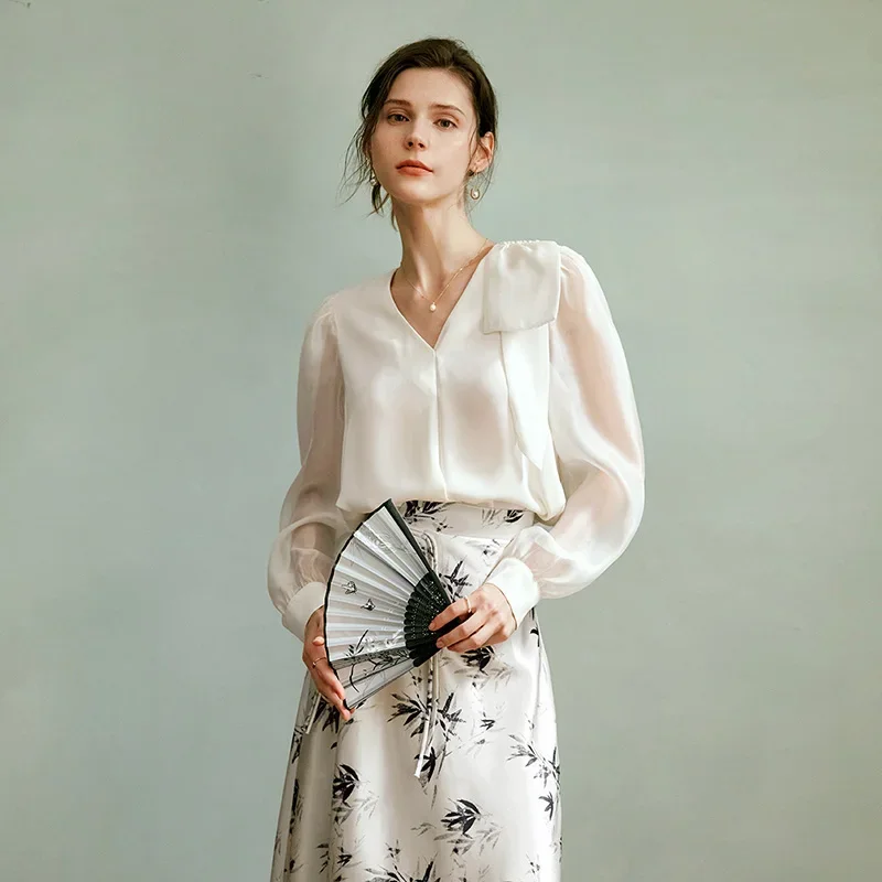 OLrain Bow V-neck Shirts Womens Autumn 2025 New Satin Casual Elegant Puff Sleeve Chic Blouse Tops Female M56QC93221