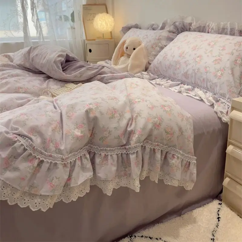 100% Cotton Korean Princess Style Flower Lace Ruffles Bedding Set Duvet Cover Bed Sheet/Fitted Sheet/Bed Skirt Pillowcase 3/4Pcs