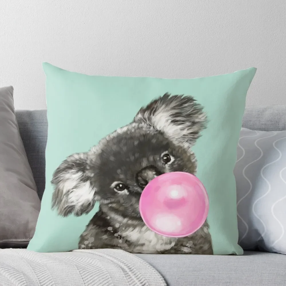 

Playful Koala Bear with Bubble Gum in Green Throw Pillow Sofa Cushions Covers