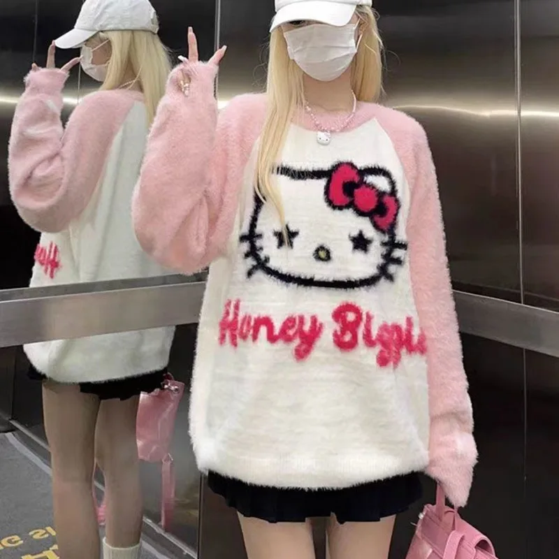 

Y2k Trendy Streetwear Hello Kitty Knitted Sweater Women's New Loose Oversize Autumn and Winter Cute Knitted Outwear Tops Clothes
