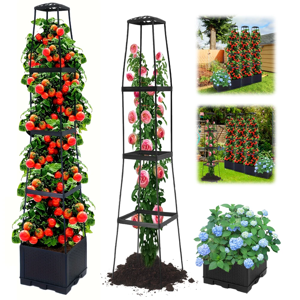 

4 Tier Planter Stake Tower with Trapezoidal Trellis Tomato Planting Box Tomato Cage Plant Pot for Vegetables Cucumbers Courtyard