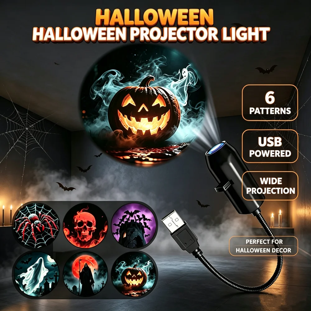 Halloween USB Projector Light Pumpkin Ghost Skull LED Night Light Switchable Pattern Halloween Decor Light for Room Ceiling Wall