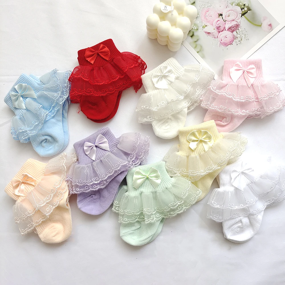 0-9Y Baby Cotton Socks With Lace Girls Ankle Socks Bows Toddlers Floor Sock Cute Frilly Socks For Children Girls Princess Sock