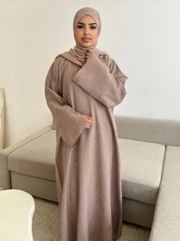 Abaya cerrada de lino liso para mujer, vestido Hijab musulmán de lujo de Dubái, vestidos africanos informales turcos, Abayas para mujer, caftán islámico de Ramadán Eid