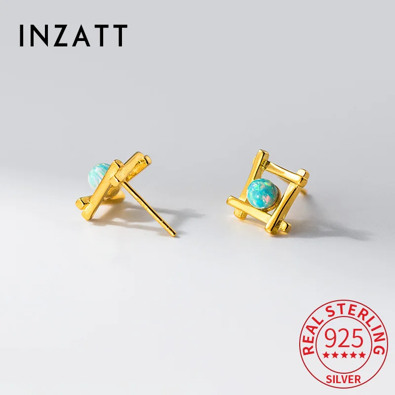

INZATT Real 925 Sterling Silver 18K Gold Square Opal Mini Stud Earrings for Women Classic Fine Jewelry Minimalist Accessory