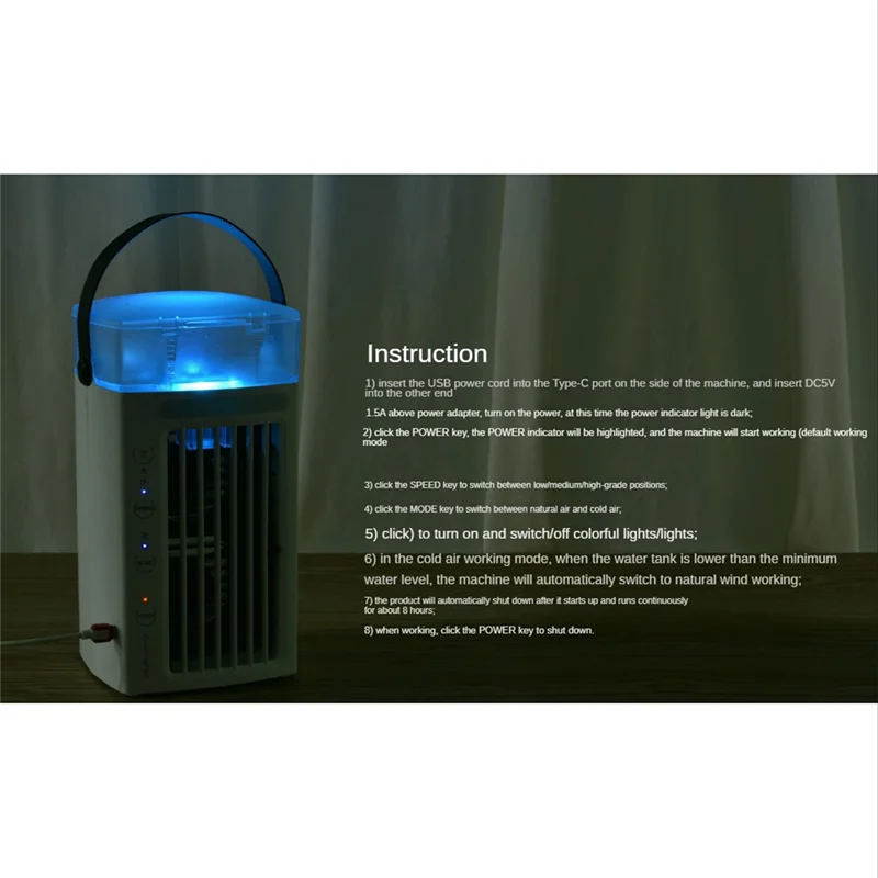 

Portable Air Conditioner Fan 3 in 1 Desk Air Cooler and Humidifier with 3 Fan Speeds and 7 Colors LED Light for Bedroom