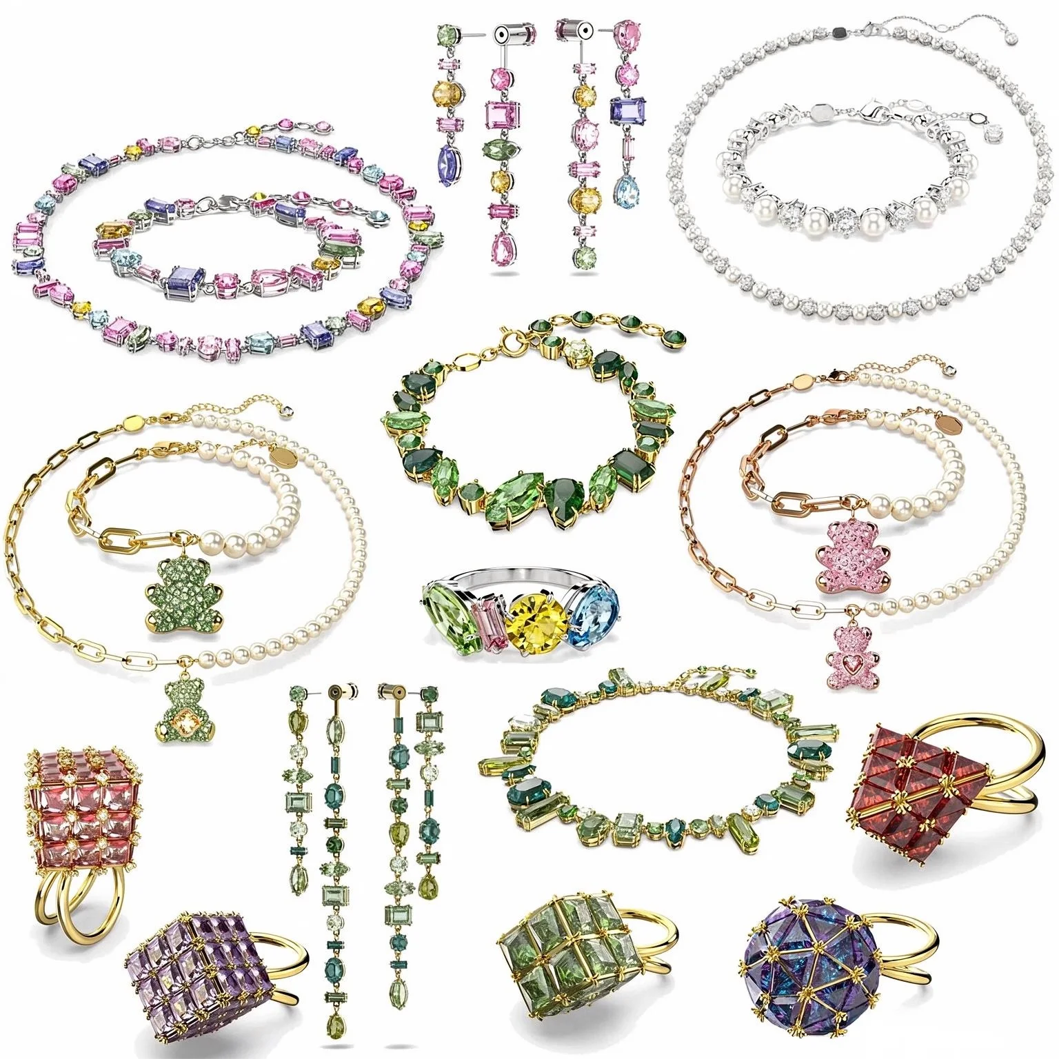1. Luxury Gema Multicolor Rhinestone Jewelry Set Bear Charm Necklace Earring Bracelet Ring for Women Daily Wear