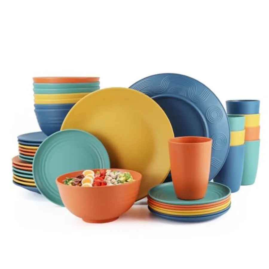 

40-Piece Unbreakable Plastic Wheat Straw Dinnerware Set - Multi Color 8-Person Dish Set for Dinner Plates Bowls Cups and Appeti