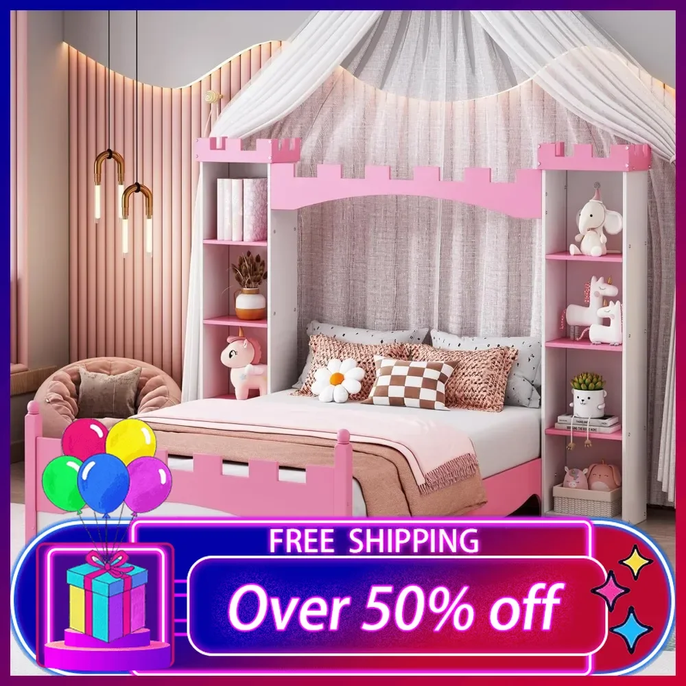 Castle-Shaped Wooden Platform Bed with Storage Shelf,Dreamy Twin Size Kids Platform Bed,Sturdy Slats Support (White+Pink Castle)