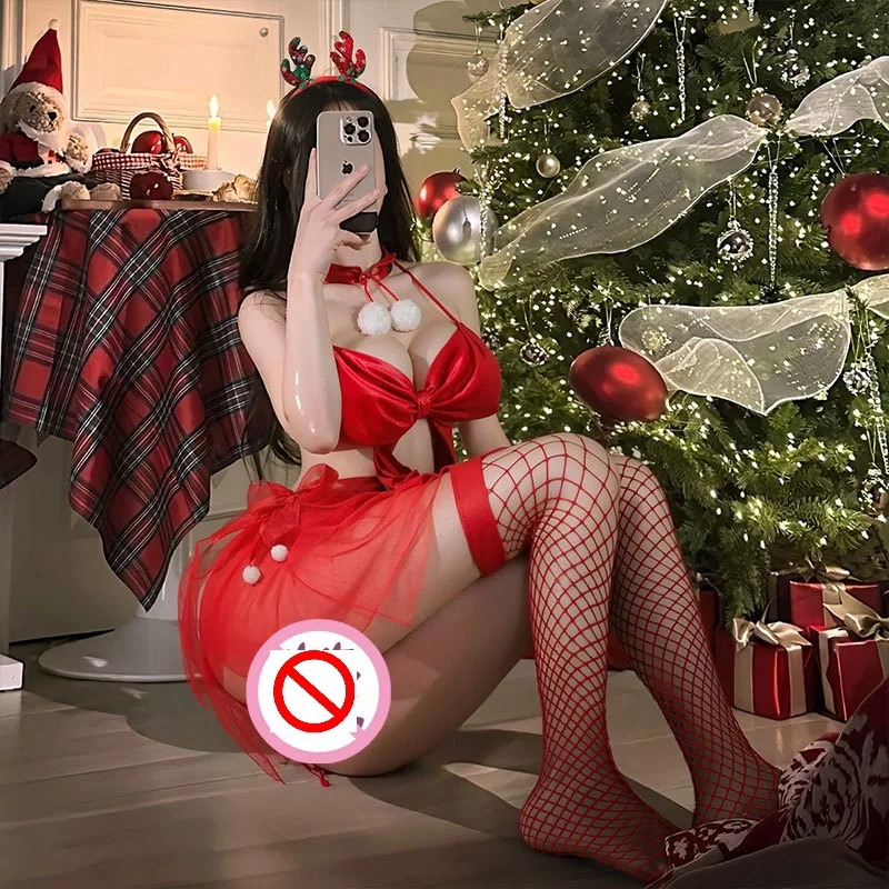 Nowa seksowna dwuczęściowa czerwona bielizna damska na Nowy Rok, erotyczna sukienka na imprezę świąteczną, kostiumy cosplay, przebranie króliczka, bielizna nocna.