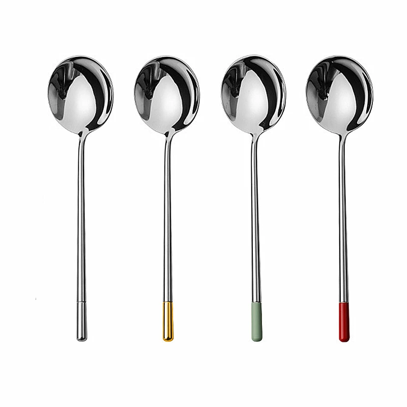 Korea Style Stainless Steel Round Soup Spoon Straight Long Handle Dessert Coffee Spoons Anti-scalding Multi-purpose Kitchen Tool