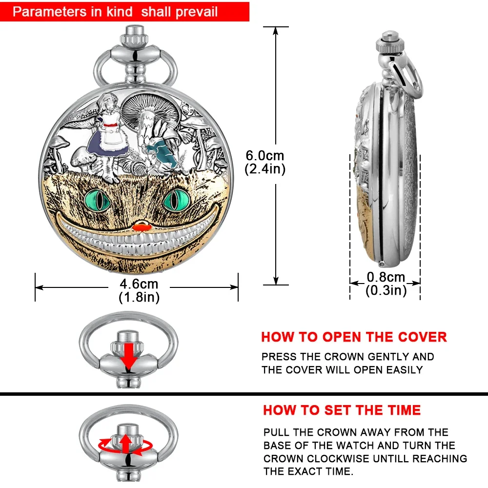Silver Cute funny Cat design Retro Time Gemstone Quartz Pocket Watch Fashion Pendant Necklace for Men, Women and Children Gift