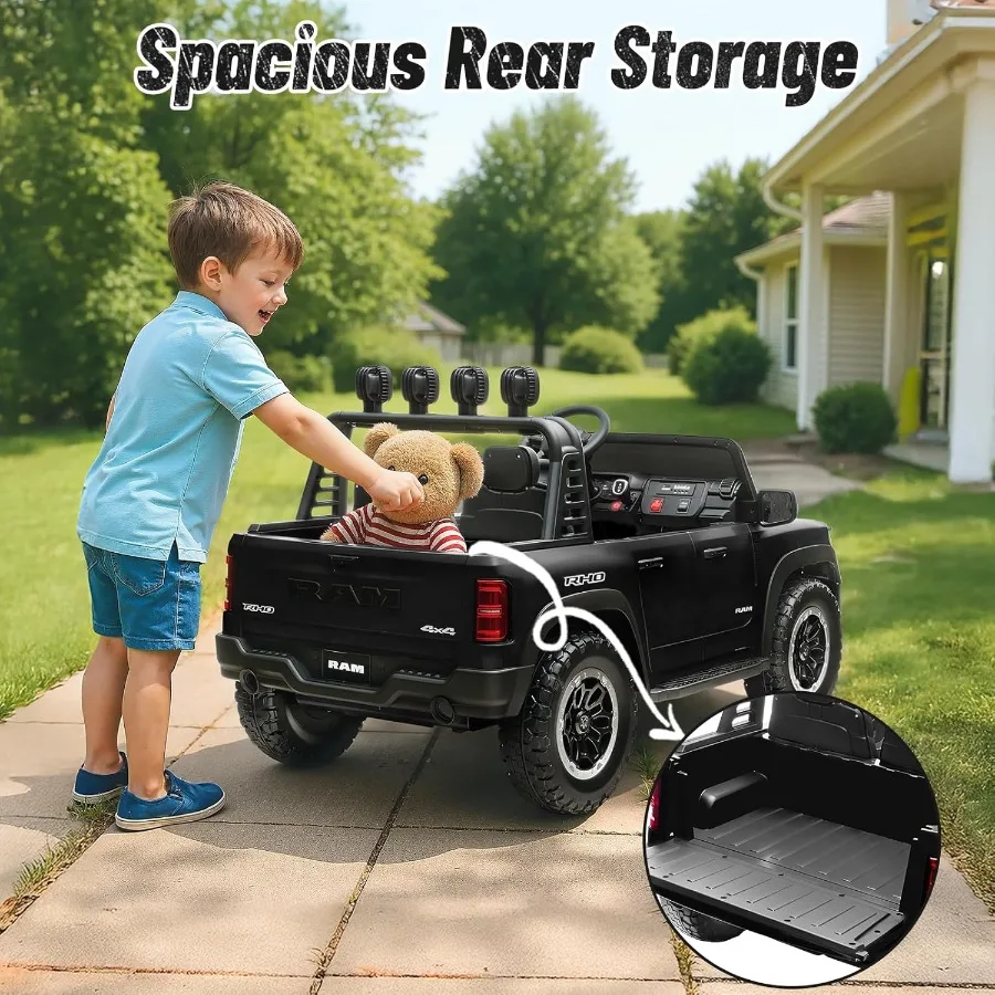 รถยนต์ไฟฟ้าสำหรับเด็กเล่น รุ่น Ram 1500 RHO 24V ขับเคลื่อนด้วยแบตเตอรี่ขนาดใหญ่ พร้อมรีโมทคอนโทรลสำหรับผู้ปกครอง ไฟ LED/เพลง/MP3