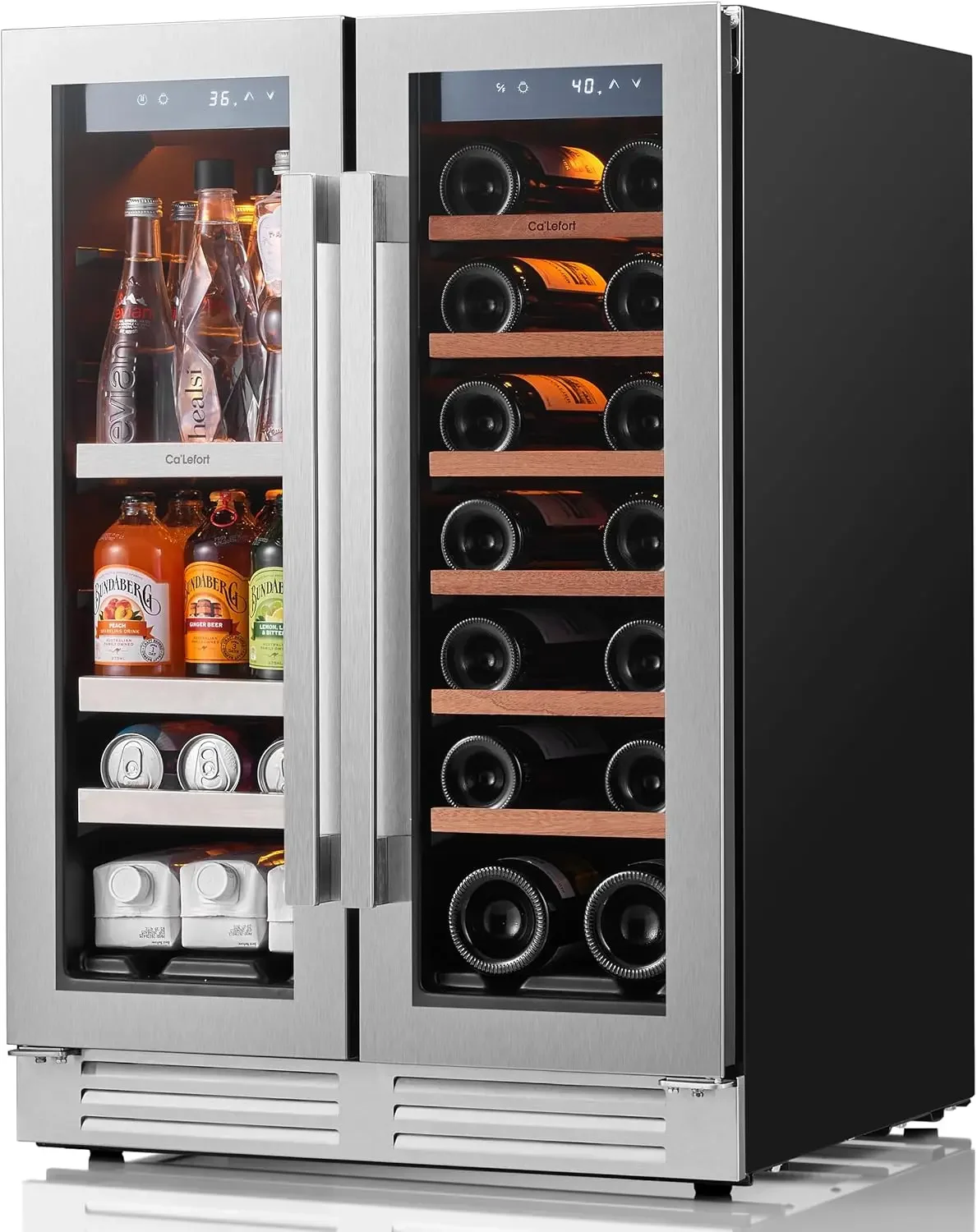 Wine and Beverage Refrigerator - 24 inch Dual Zone 60 Cans 20 Bottles Drink Fridge with Glass Door, 3 Color LED Lights Wine