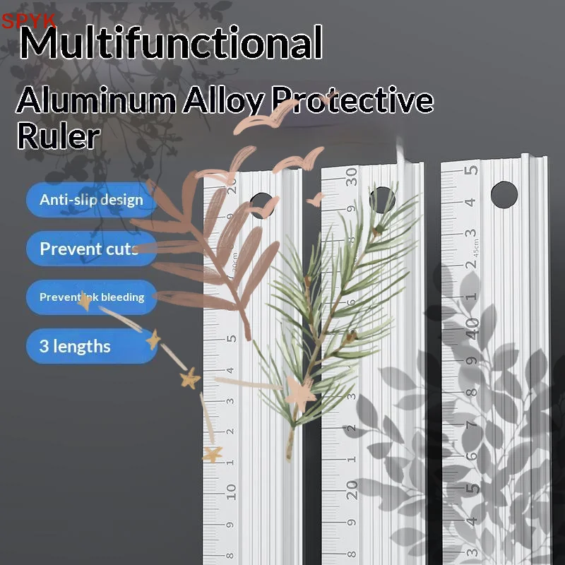Aluminum Alloy Protective Ruler Anti Slip Design Cut Resistant Edge No Ink Bleed For School Office Drawing Crafting Measuring