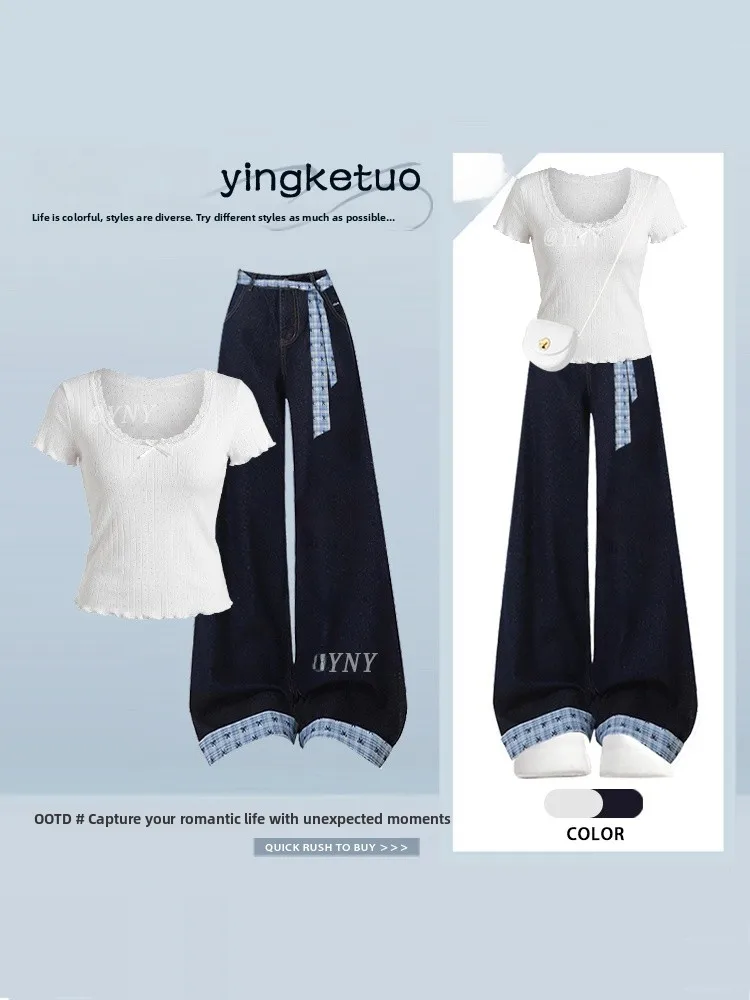 

White Knot Square Collar Short Sleeve Blue Plaid Denim Women's Summer Outfit High Waist Wide Leg Pants Two Piece Set