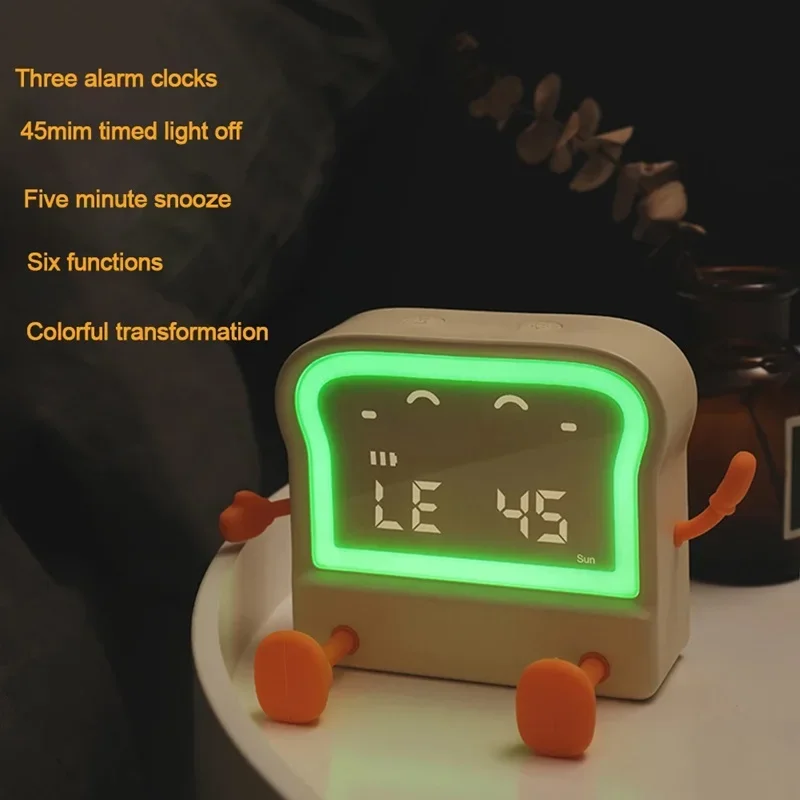 Cartoon Toast Alarm Clock with Colourful Night Lights, Alarm Clock with Calendar Night Light Kitchen Timer Kids Bedside Snooze F